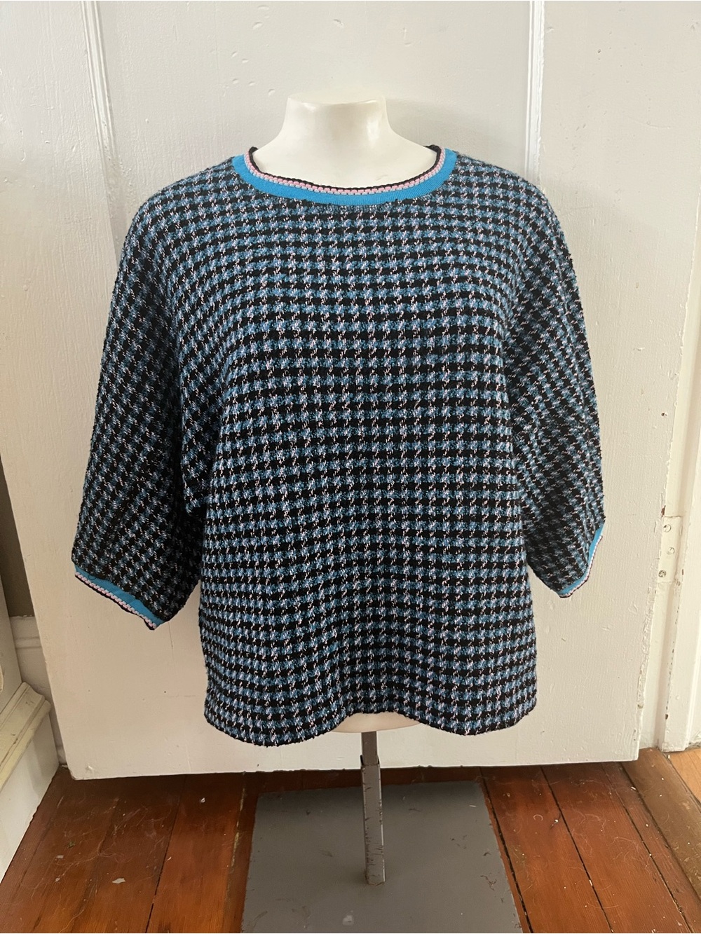 Pinko Houndstooth Short Sleeve Sweater Top Blue Pink Trim I 38 USA 2